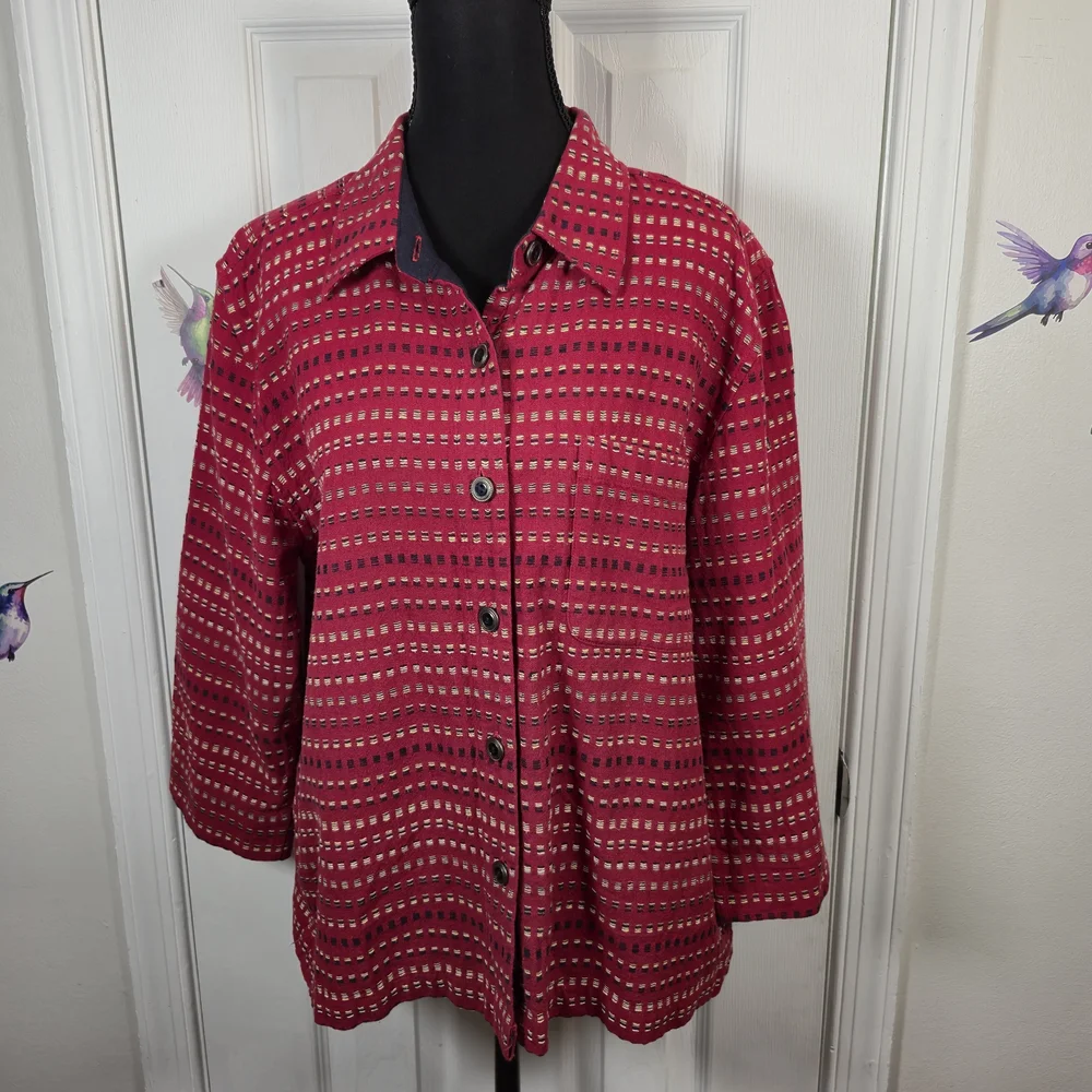 Christopher & Banks Red Textured Linen Cotton Button Down Shirt Large - Picture 4 of 8